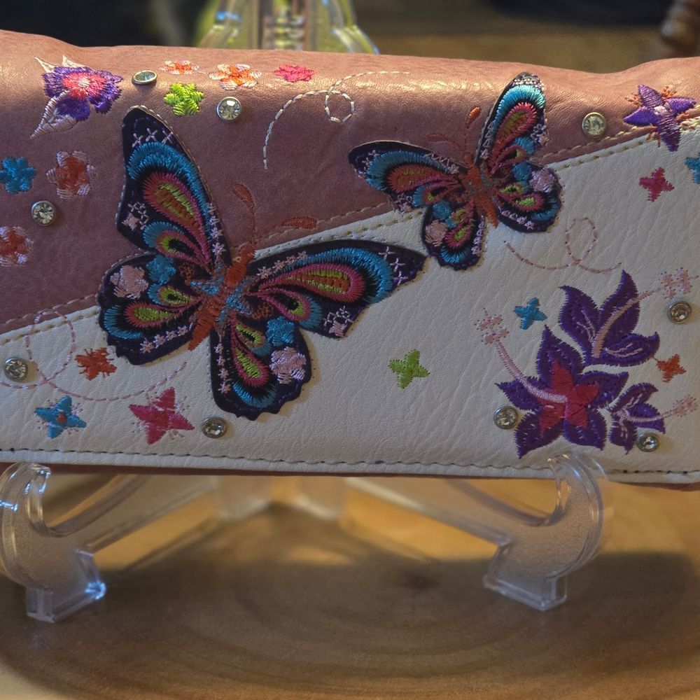 Pink and White Butterfly Embroidered Women’s Wallet W/crossbody